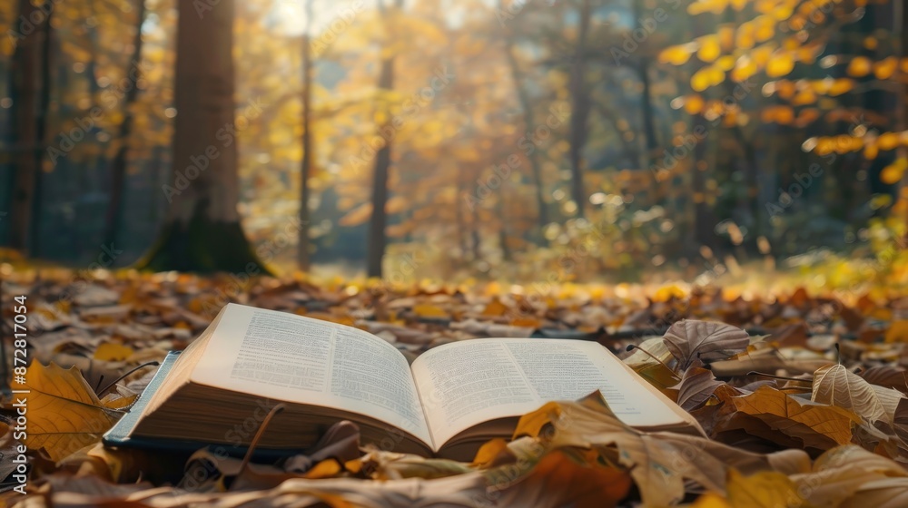 Poster opened book on autumn field with forest backdrop and empty space for inscription