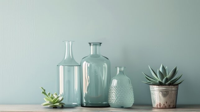 Bottles in assorted shapes with water and a pot containing fake succulent on dresser