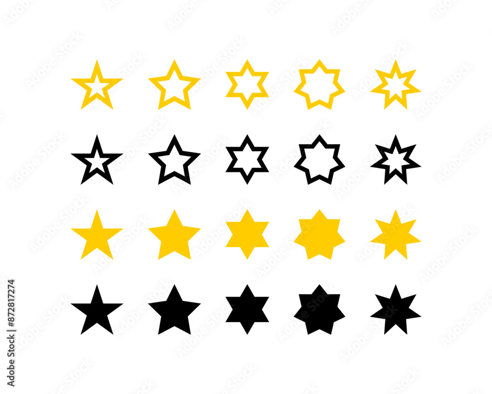 Wall mural star. five stars in different shapes. stars gold and black color. stars collection. star vector icon