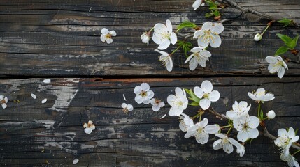 White cherry blossoms tree on wooden background in spring image
