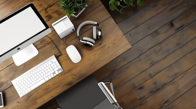 Call center desk with computer and headset overhead view with room for text