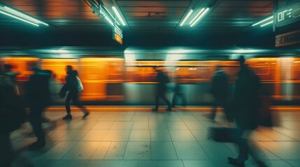 A blurred image of people rushing on a subway platform, capturing the energy and movement of a busy city.