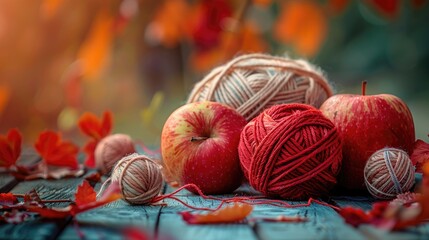 Autumn scene with red apples and yarn balls Leisure activity idea