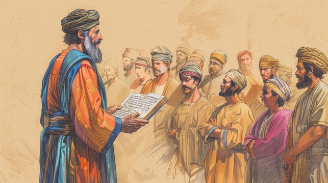 Nehemiah,Ezra Reads the Law,Biblical Illustration of Ezra Reading the Law to the Israelites on Beige Background with copyspace