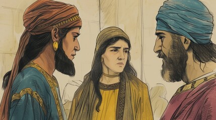 Fototapeta premium 1 Kings,Ahijah’s Prophecy Against Jeroboam,Biblical Illustration of Ahijah’s Prophecy Against Jeroboam, Deceit and Judgment, Themes of Divine Justice on Beige Background with Copyspace