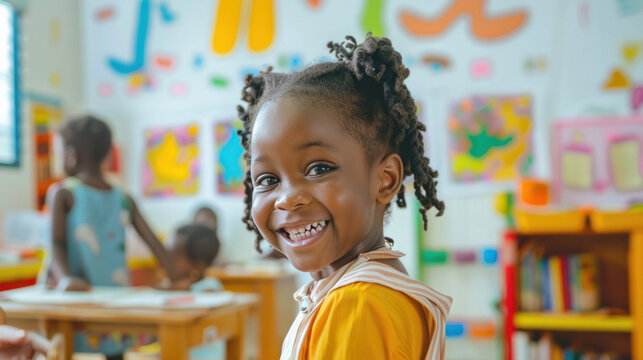 cute little girl standing at classroom