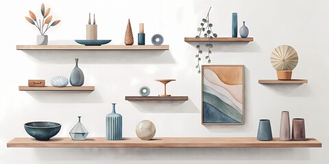 Elegant floating wall shelves showcase a thoughtfully arranged assortment of abstract artwork, sculptural objects, and decorative accents in a sleek, modern living room setting.