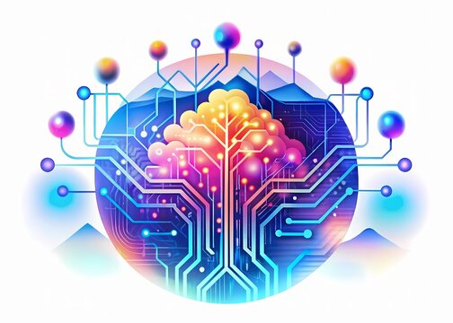Vibrant colorful illustration of artificial intelligence neural networks processing data in real-time, with glowing circuits and algorithms visualized in futuristic digital landscape.