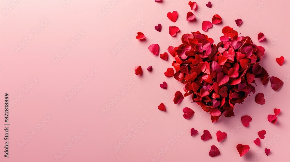 Poster valentine card with red heart from above on pink background with space for text
