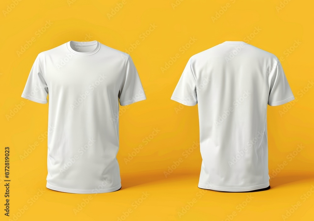 Poster plain white exercise shirt mockup in 3d with front and back views on a yellow background