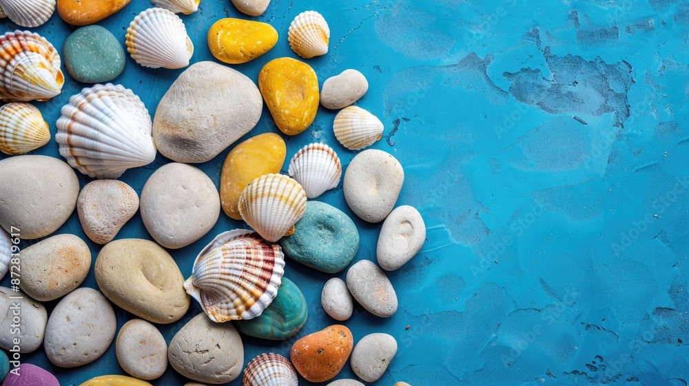 Poster template with seashell on colorful pebbles against blue backdrop for summer message