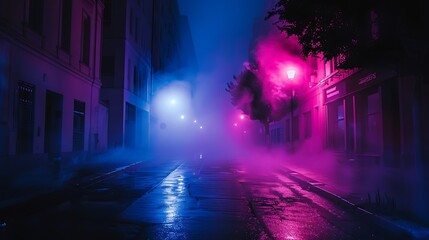 Naklejka premium A dark street, bathed in neon pink and blue lights, with night smog swirling around. Minimalistic, ultra HD quality.
