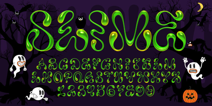 3D Halloween slime font with green wavy dripping letters and numbers. Glossy curvy fluid alphabet for spooky, horror, and scary Halloween designs. Trendy retro vector type for modern themes