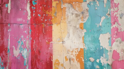 Vibrant wallpaper on aged wall creates colorful backdrop