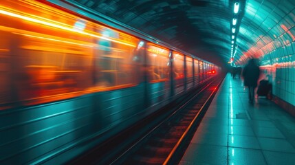 Fototapeta premium A subway train blurs by in a neon-lit tunnel, leaving only an abstract impression of its passage.