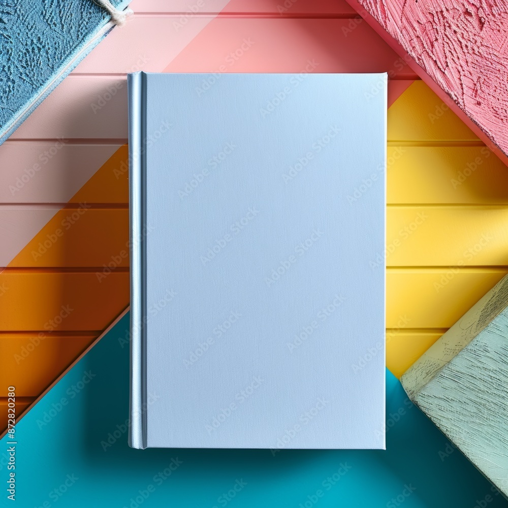 Poster a plain white hardcover notebook in a colourful block shape prop studio setting