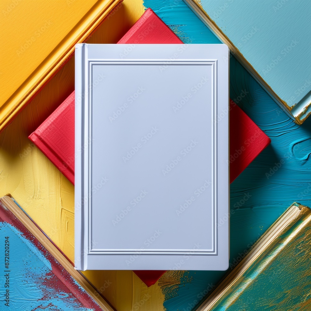 Poster a plain white hardcover notebook in a colourful block shape prop studio setting