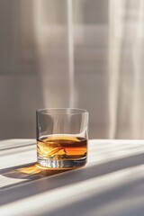 In a glas filled with ice, an escocé whisky with a gris background is poured