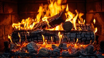 Fototapeta premium fireplace, burning wood, close up, flames