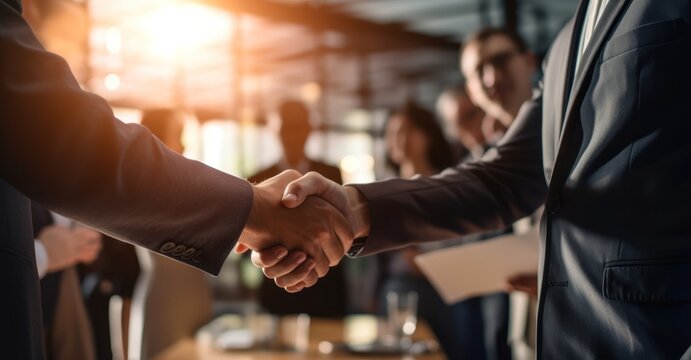 Two professionals shaking hands  at a networking event.