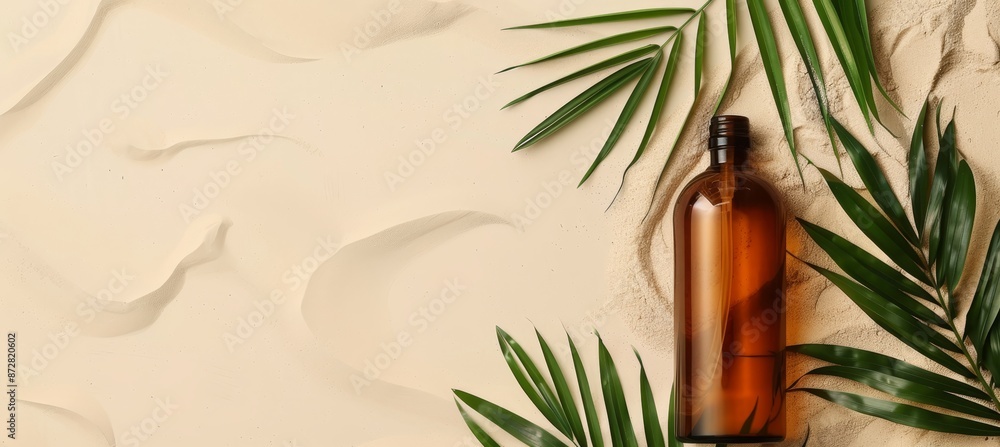 Poster presentation background with podium and palm leaf. 3d rendering illustration. clipping path for each