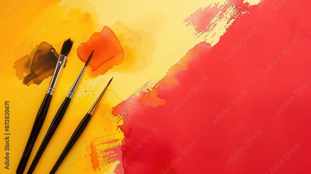 Poster minimalist flat lay of watercolor set on red and yellow background with empty space