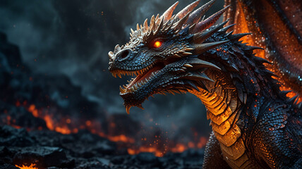 Within the seething depths of a volcanic crater resides a majestic dragon, its scales shimmering with the fiery glow