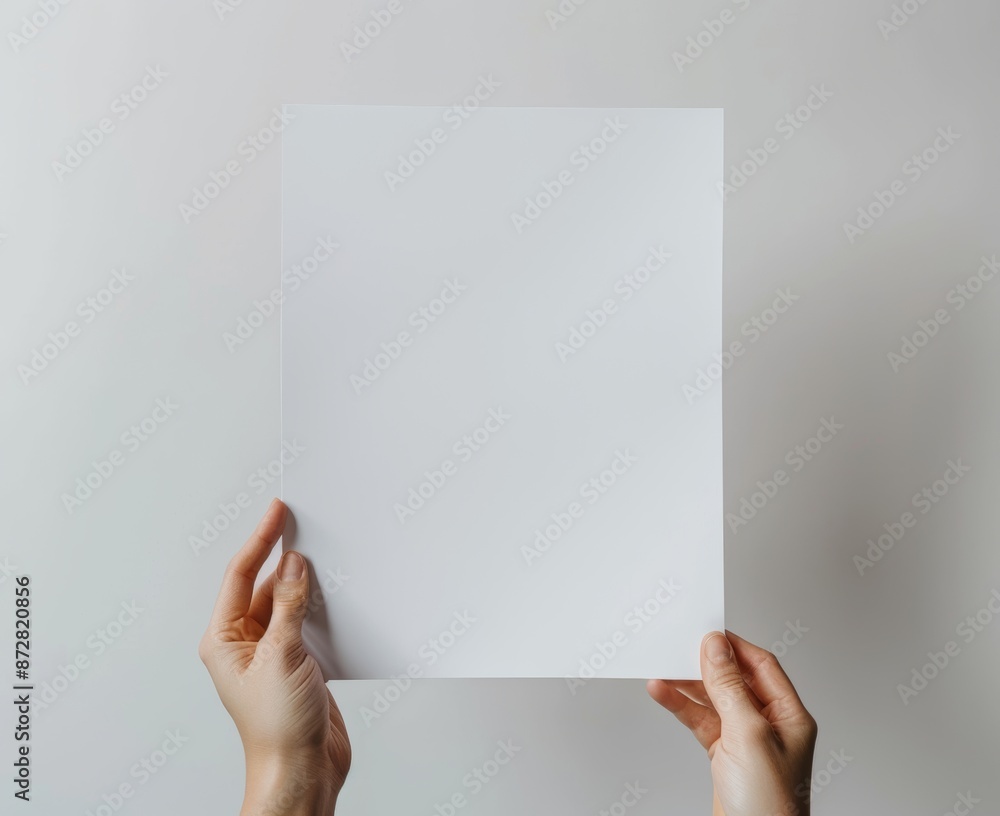 Poster object on gray background with hand holding blank a4 size paper.