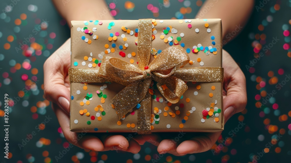 Canvas Prints hands holding a present wrapped in craft paper with confetti