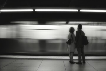 A couple stands on a platform with a blurry train in the background, conveying a sense of departure and anticipation.