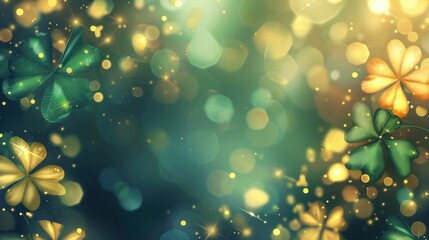 Beautiful shiny design with golden green clover leaves, bokeh effect