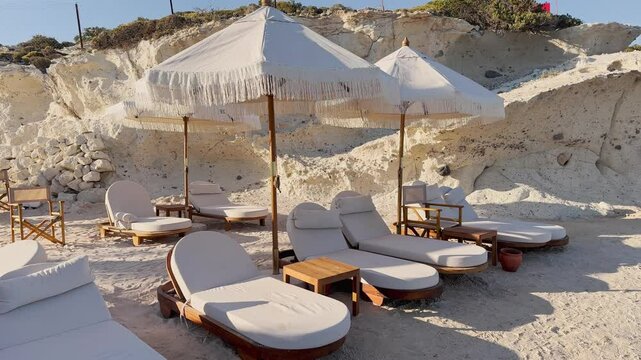 Blue flag beach club in Izmir Cesme Alacati, beach umbrellas, chairs, beach party in
