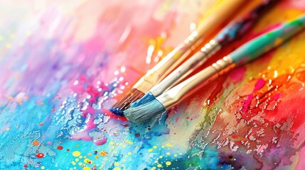 Colorful watercolor painting with water and brushes