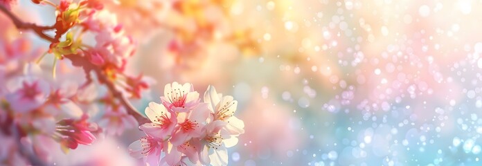 Fototapeta premium Pastel Spring Banner with Pink Sakura Flowers