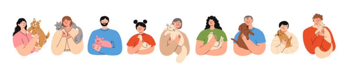 Set of people holding their pets. Happy domestic animal owners. Pet lowers concept. Flat vector illustration isolated on a white background.