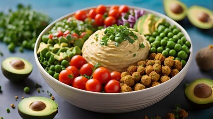 Photo of healthy vegan lunch bowl with falafel hummus tomato avocado peas