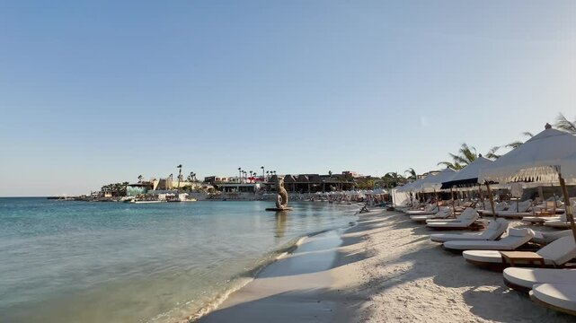 Blue flag beach club in Izmir Cesme Alacati, beach umbrellas, chairs, beach party in