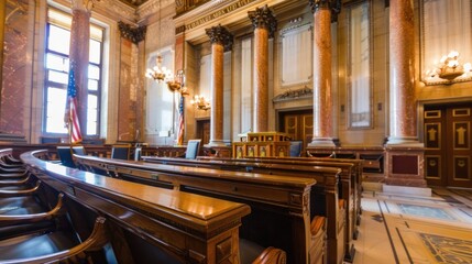 Empty American Style Courtroom. Supreme Court of Law and Justice Trial Stand