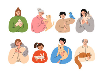 Set of people holding their pets. Happy domestic animal owners. Pet lowers concept. Flat vector illustration isolated on a white background.