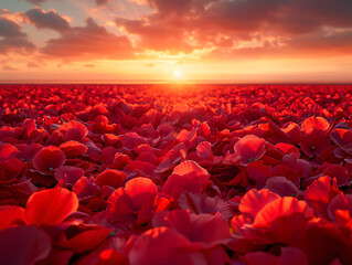 Obraz premium a vibrant sunset with a field of red flowers in the foreground, and the sun's rays illuminating the horizon.