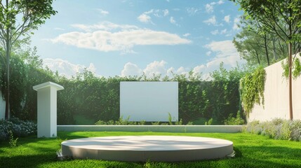 Prestigious lawn, elegant podium, dynamic billboard mockup. Sophisticated colors for upscale gatherings.