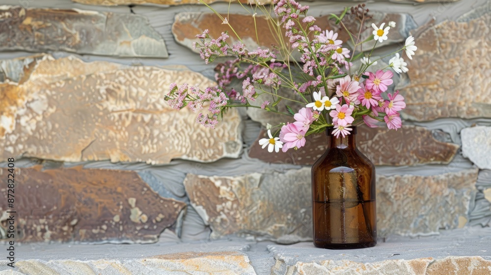 Sticker a little brown bottle adorned with pink and white flowers placed by a stone wall