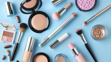 Makeup products arrangement on blue background top view photo