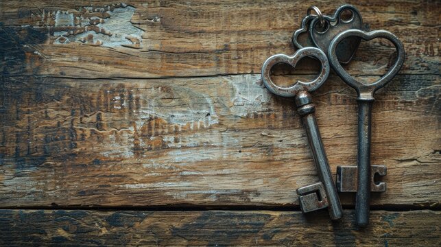 Antique keys with heart charm on rustic wooden backdrop Top view Ideal for love or home theme