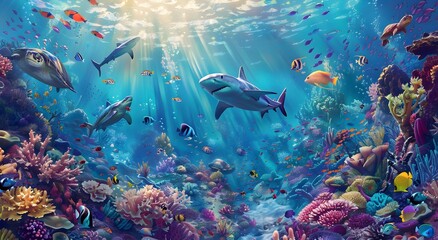 Fototapeta premium Underwater Paradise: Sharks, Turtles, and Vibrant Coral Reef