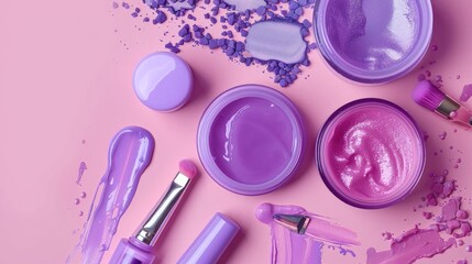 Vivid purple nail care set on pink backdrop