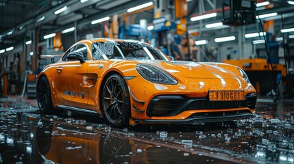 Sleek Orange Sports Car in High-Tech Garage - Generative AI