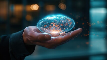 Fototapeta premium Futuristic Holographic Interface Displayed on Hand in Dark Modern Setting with Glowing Lights