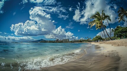 The wide angle shot shows palm trees and clear blue water. It was a sunny day with buildings in the background.