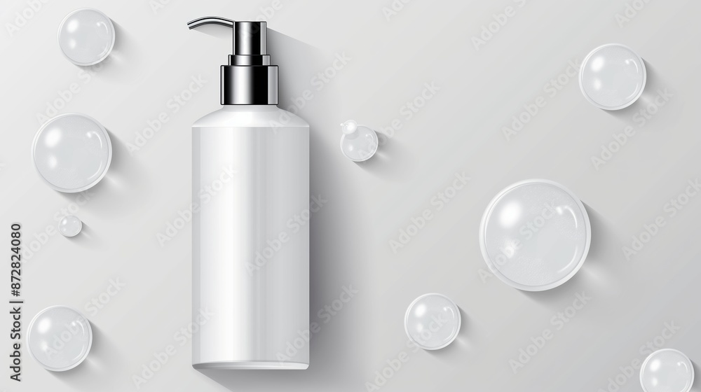 Poster a bottle of lotion is on a table with a bunch of small bubbles surrounding it. the bubbles are scatt